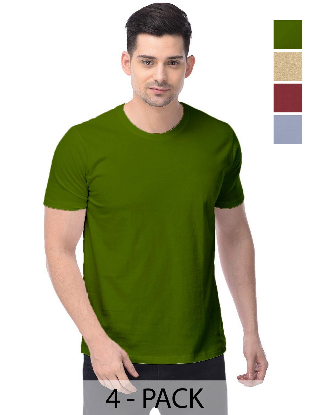 

COLOR CAPITAL Unisex Pack Of 4 Solid Round Neck Cotton T-shirts, Green