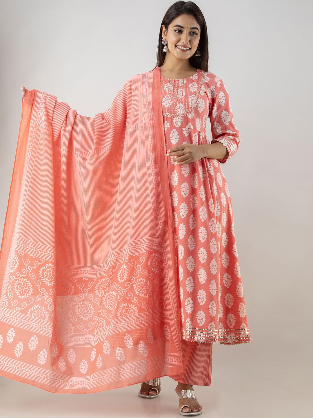 

SHOOLIN Floral Printed Gotta Patti Pure Cotton Anarkali Kurta with Trousers & Dupatta, Coral