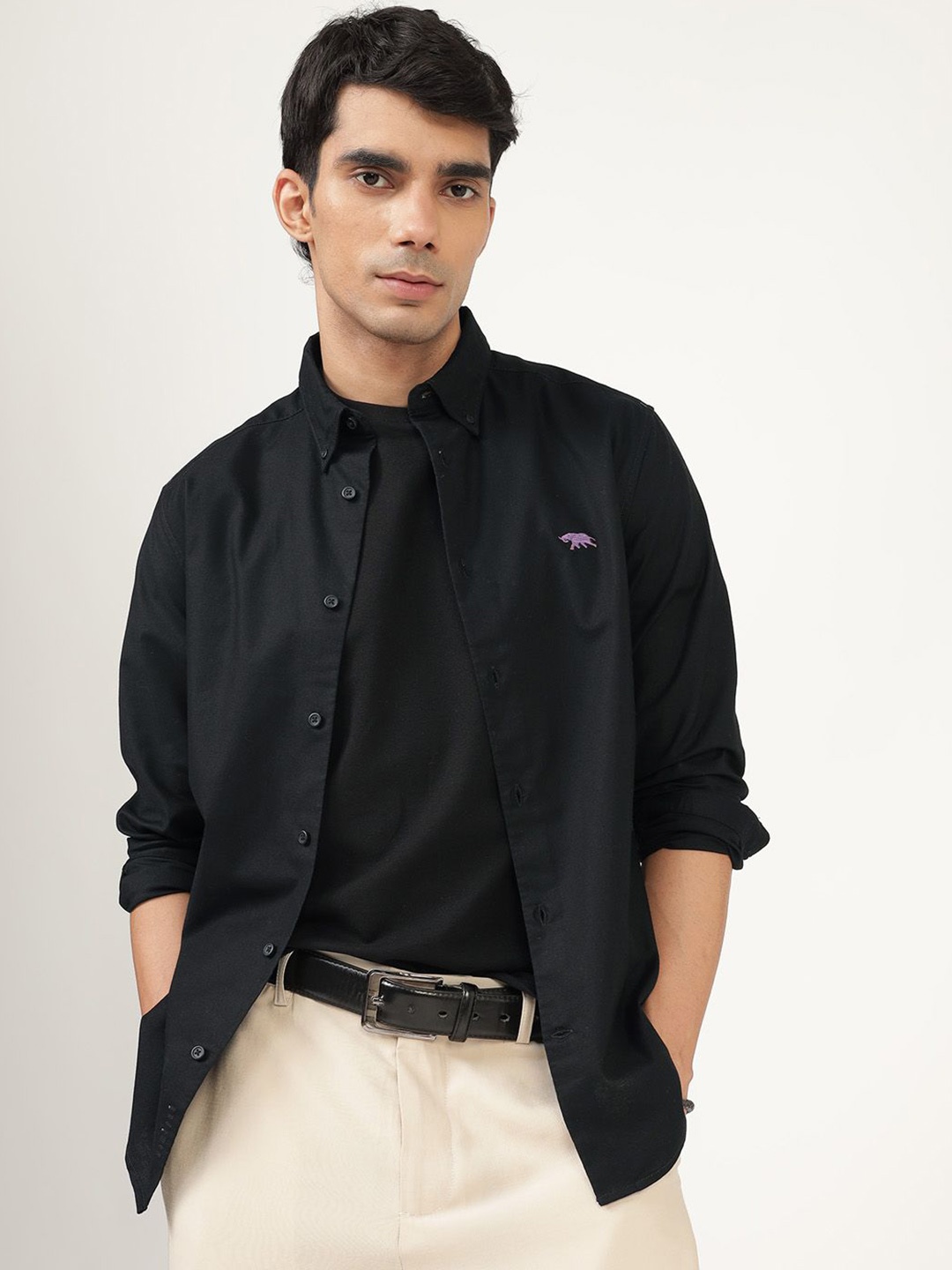 

Andamen Men Premium Button-Down Collar Solid Cotton Casual Shirt, Black