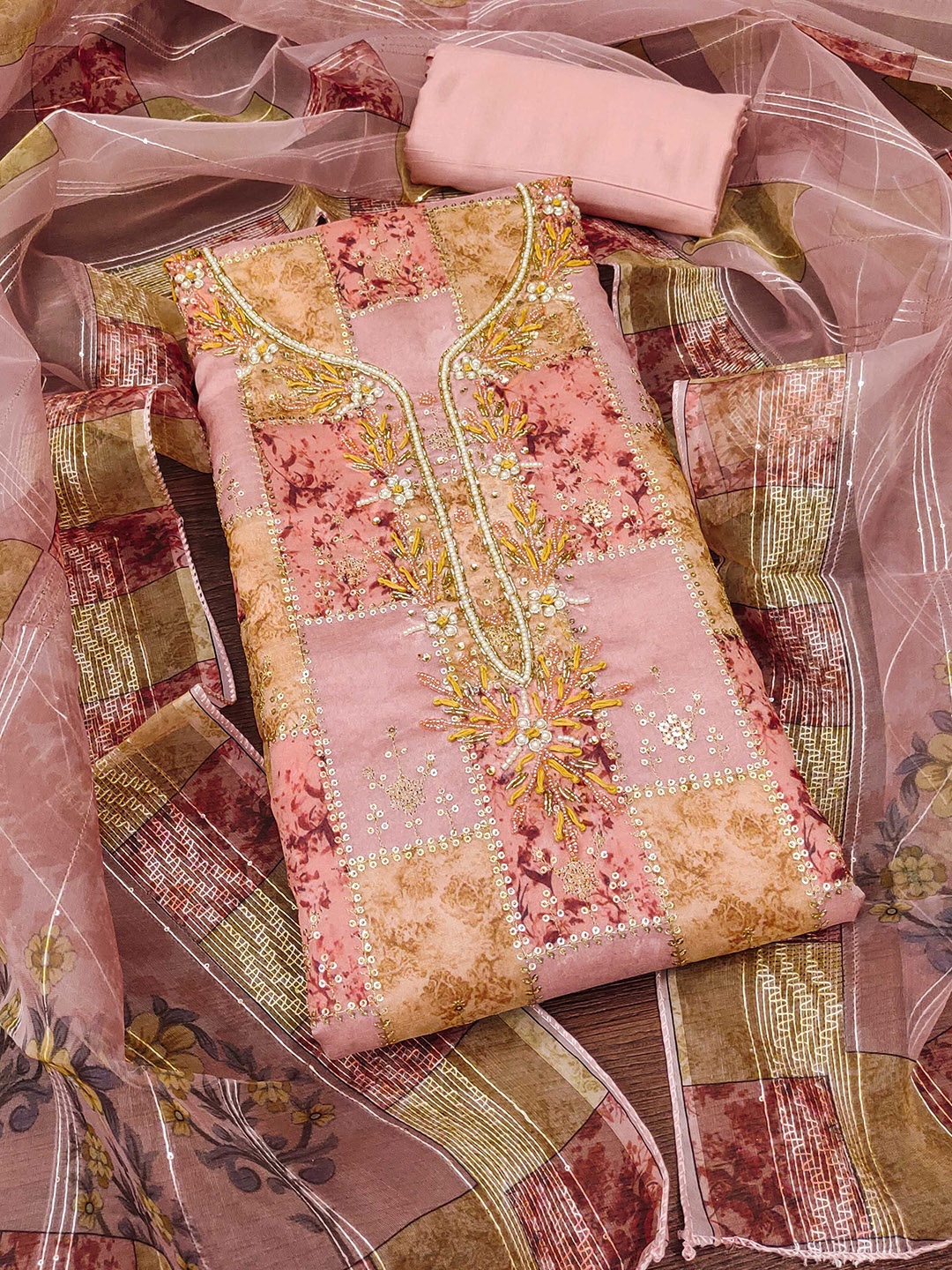 

MANVAA Floral Embellished Beads and Stones Organza Unstitched Dress Material, Peach