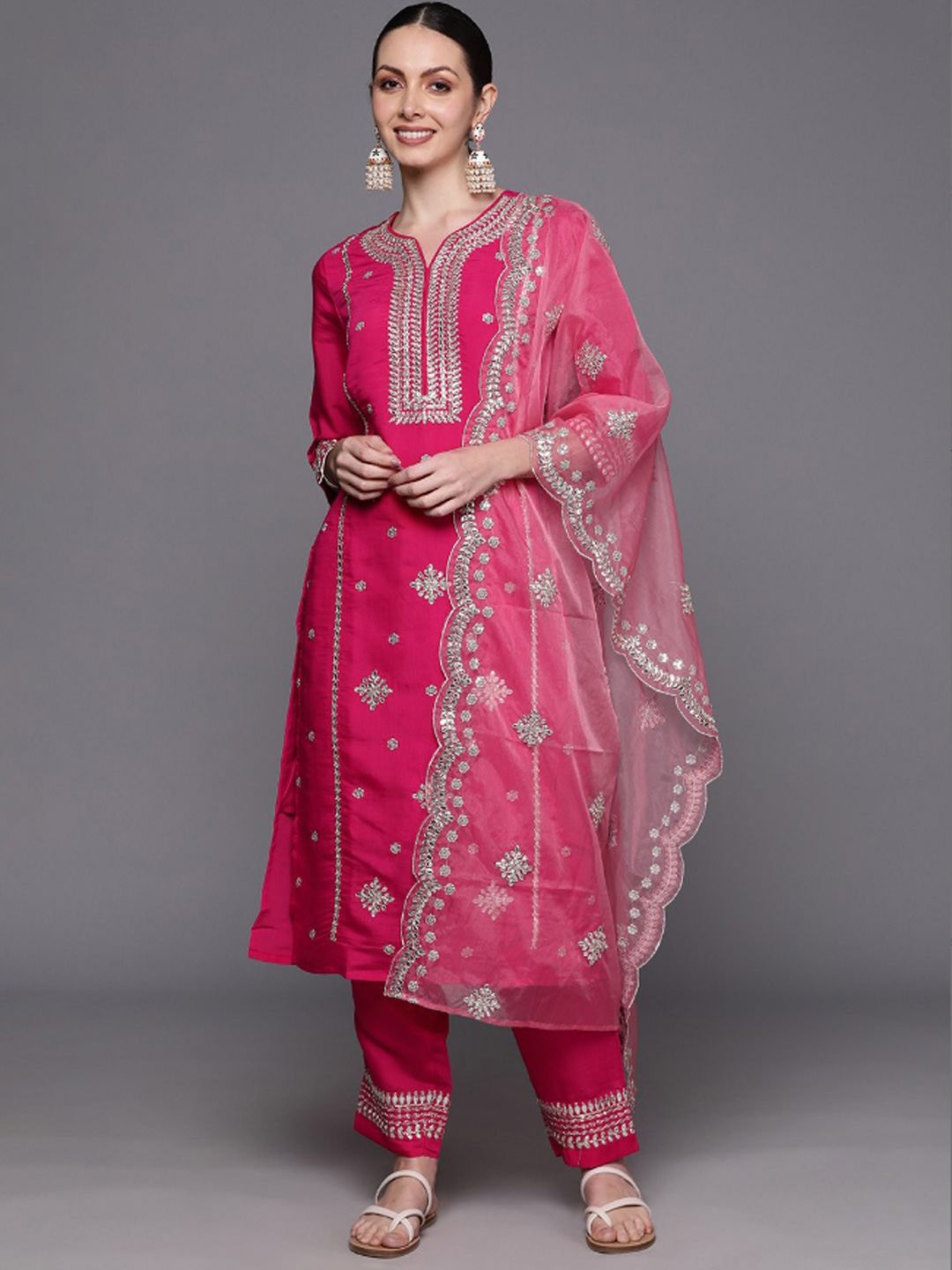 

Royal Export Ethnic Motifs Embroidered Mirror Work Kurta with Trousers & Dupatta, Pink