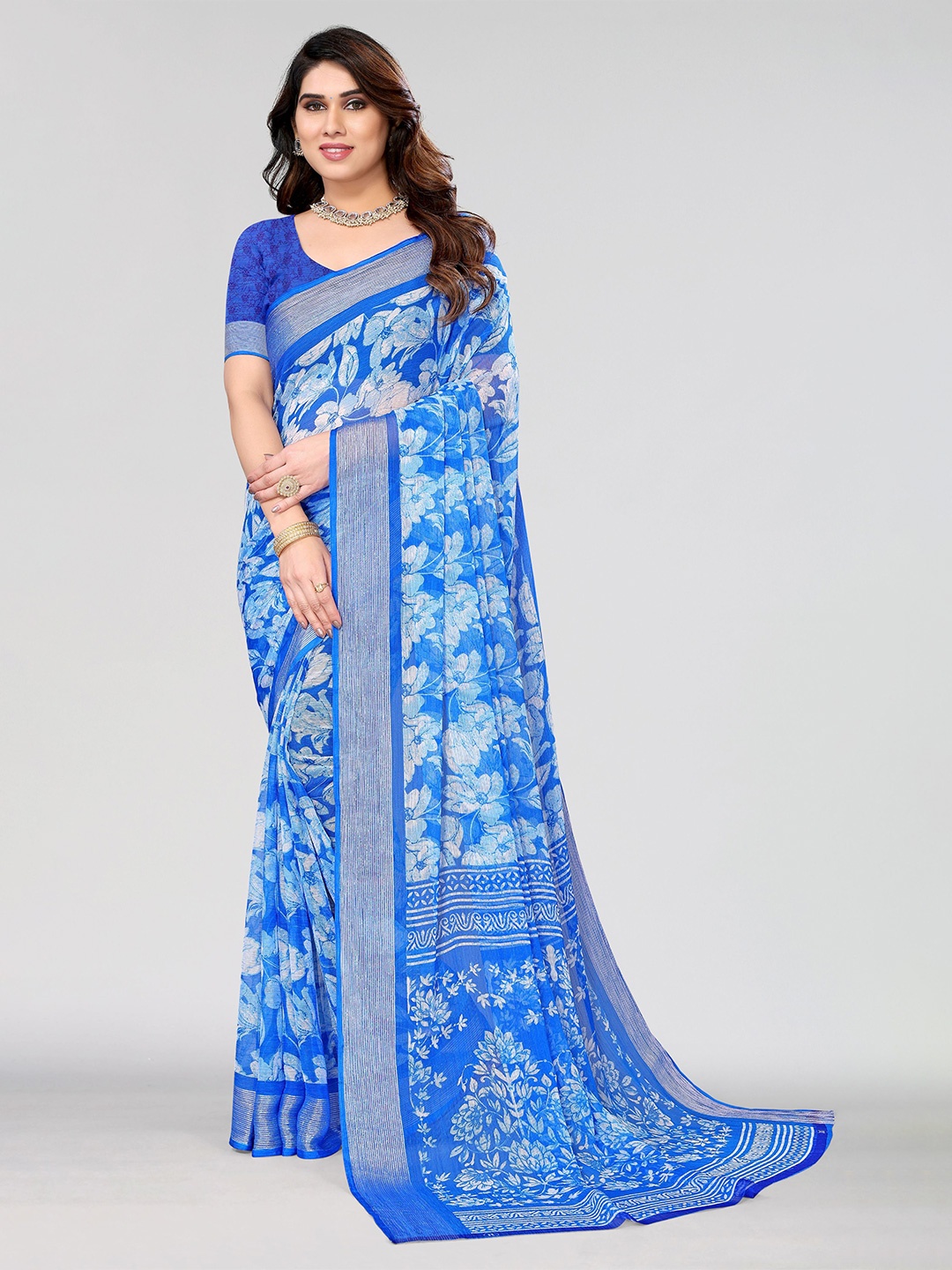 

VIRICA Floral Printed Zari Pure Chiffon Saree, Blue