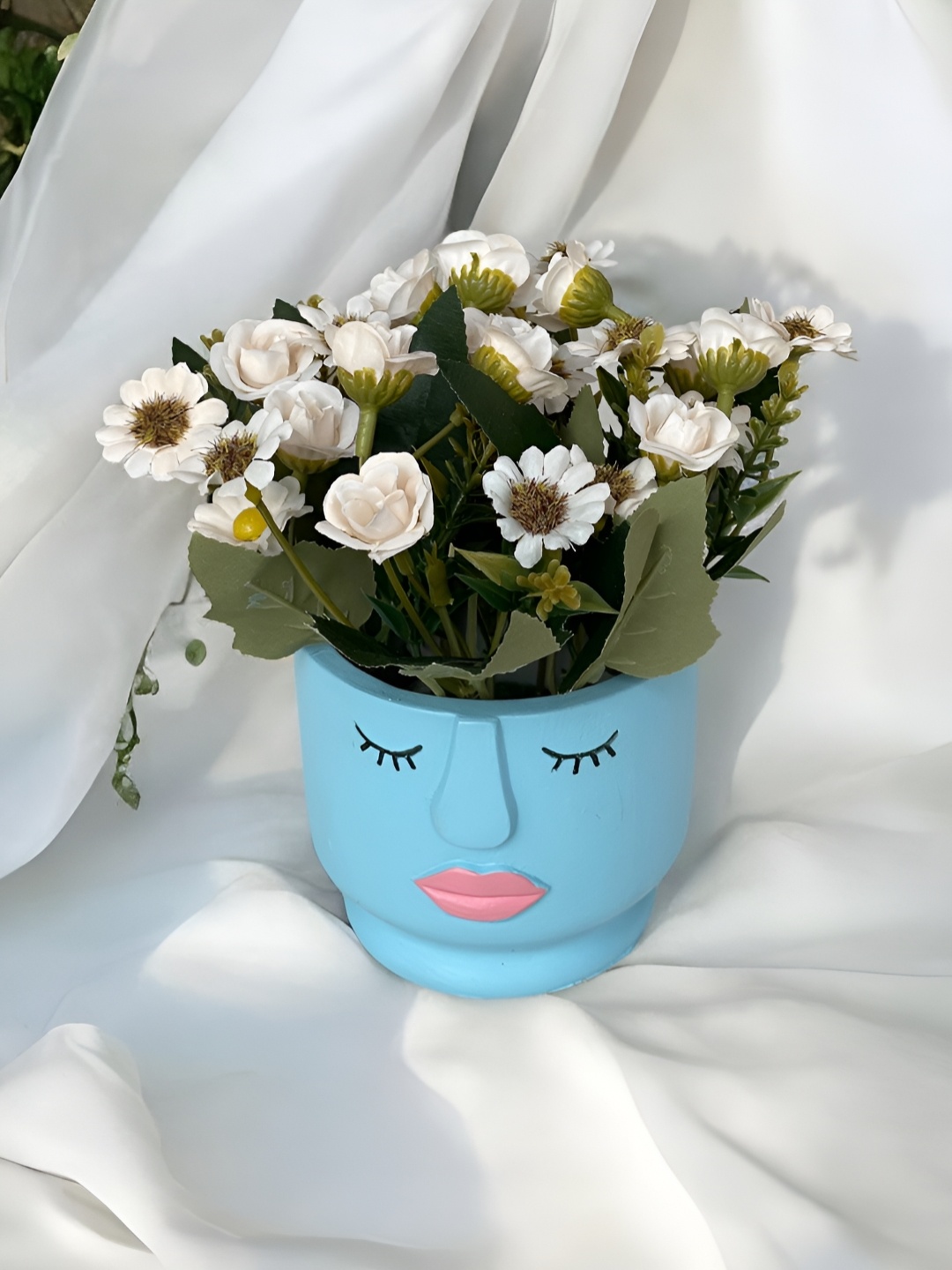 

Art Street Artificial Daisy Bouquet Silk Flowers with Face Shape Terracotta Cement Vase, Blue