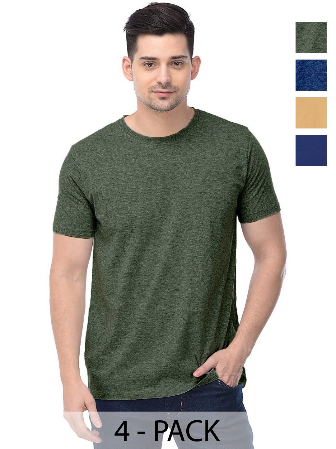 

COLOR CAPITAL Unisex Pack Of 4 Solid Round Neck Cotton T-shirts, Olive