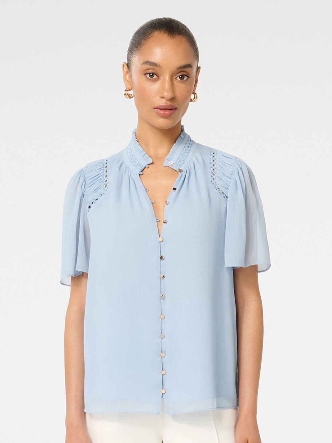 

Forever New Women Solid High Neck Top, Blue