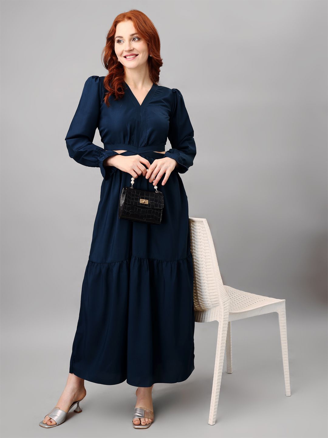 

Femvy Puff Sleeve Applique Crepe Fit & Flare Maxi Dress, Blue
