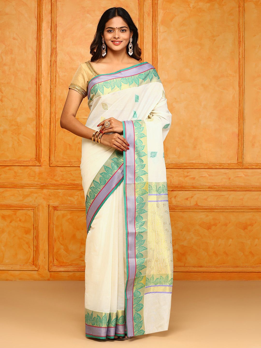 

Ramraj Woven Design Zari Pure Cotton Saree, Cream