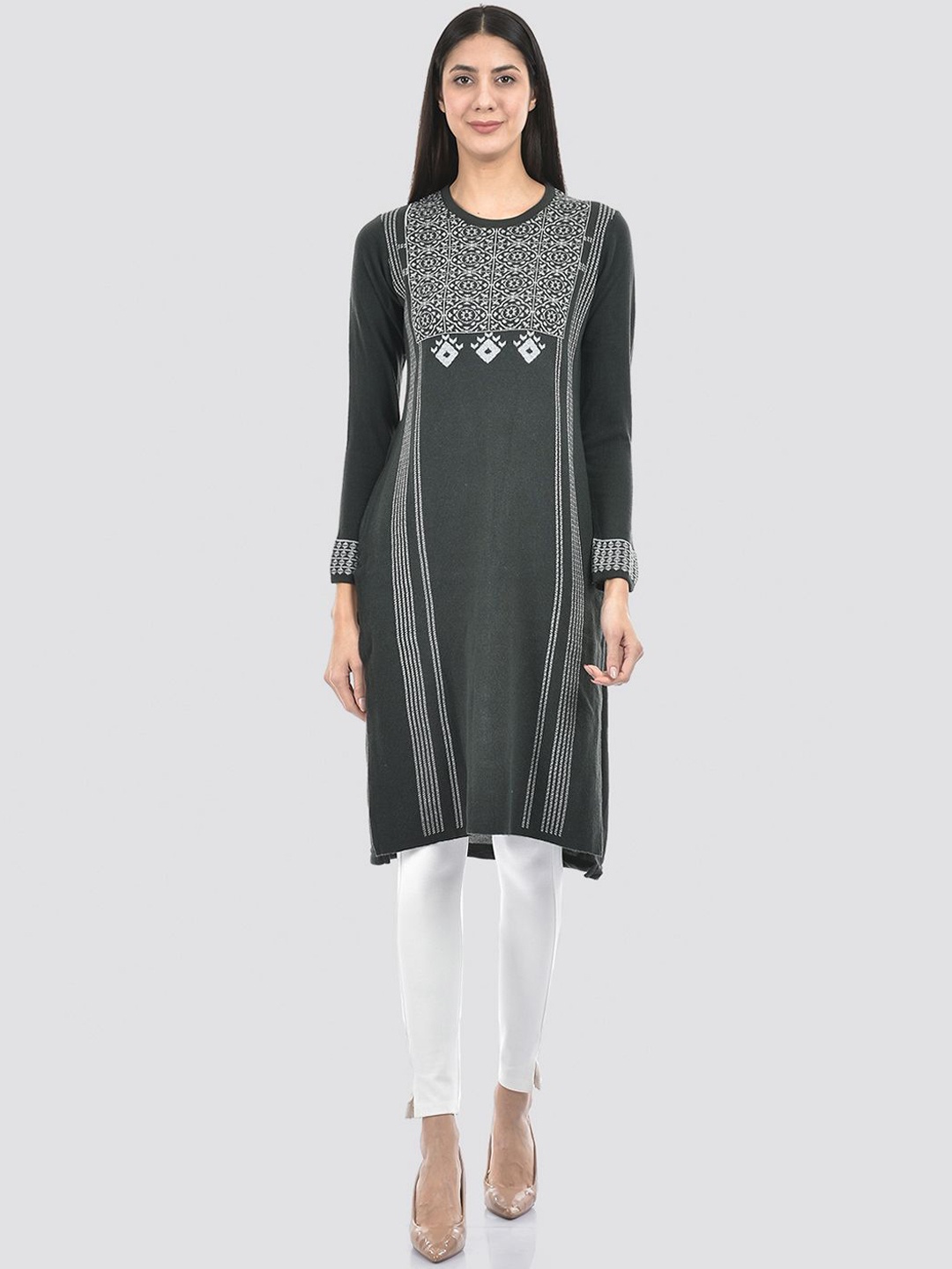 

American Eye Ethnic Motifs Woven Design Acrylic Straight Kurta, Grey