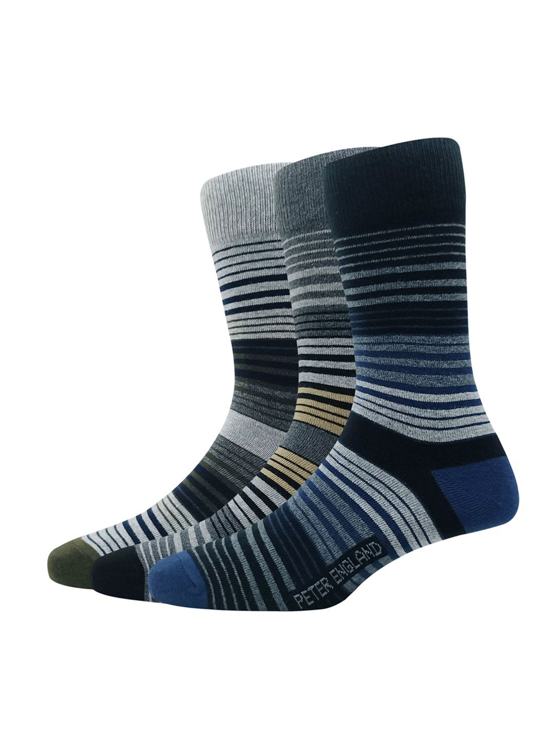 

Peter England Men Pack Of 3 Striped Calf-Length Socks, Black