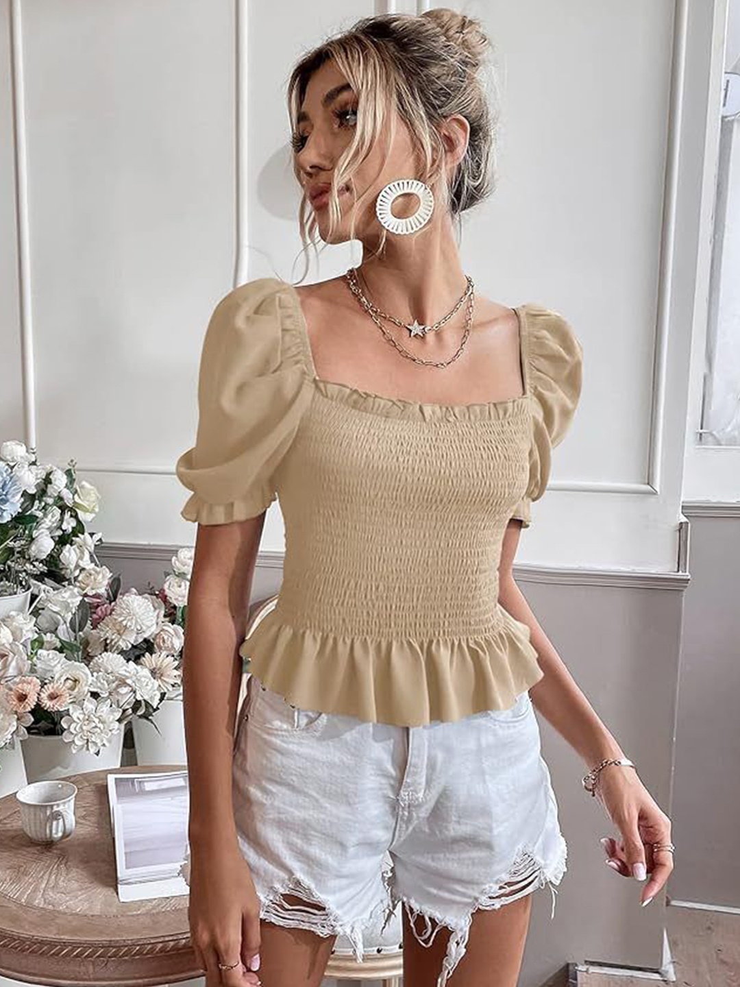 

StyleCast Women Solid Square Neck Top, Beige