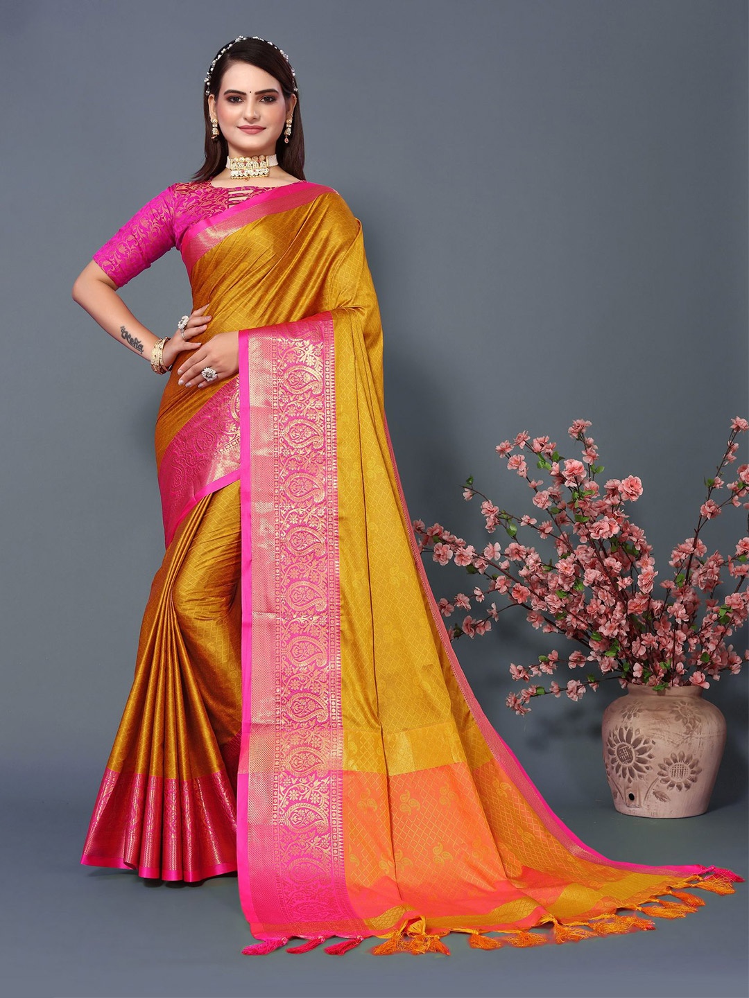 

Divyadham Textiles Woven Design Zari Silk Cotton Banarasi Saree, Mustard