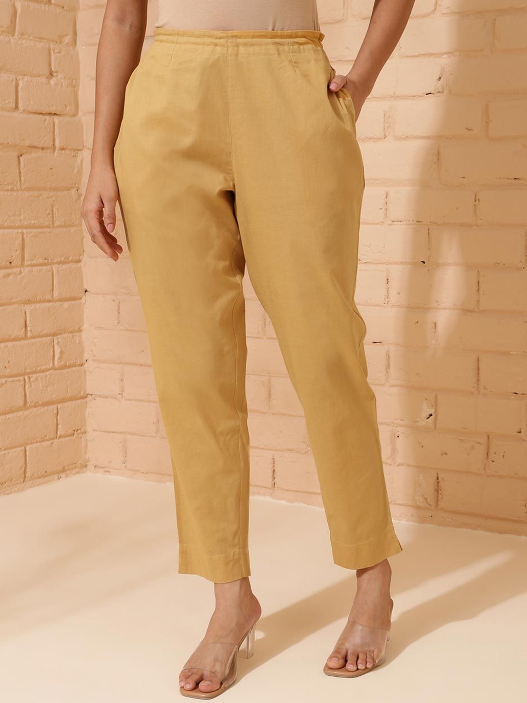 

Fabindia Women Pleated Trousers, Mustard