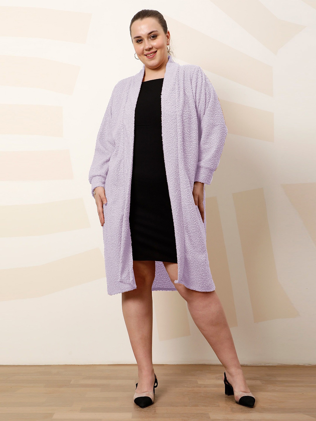 

Athena Ample Plus Size Textured Open Front Longline Shrug, Lavender