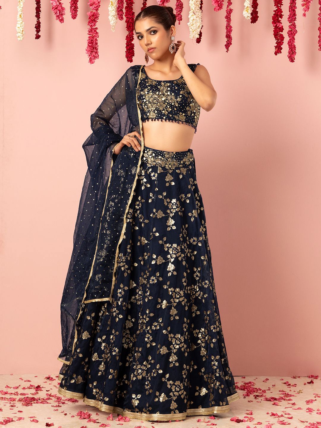 

Indya Luxe Floral Embroidered Sequinned Organza Ready To Wear Lehenga & Blouse Dupatta, Blue