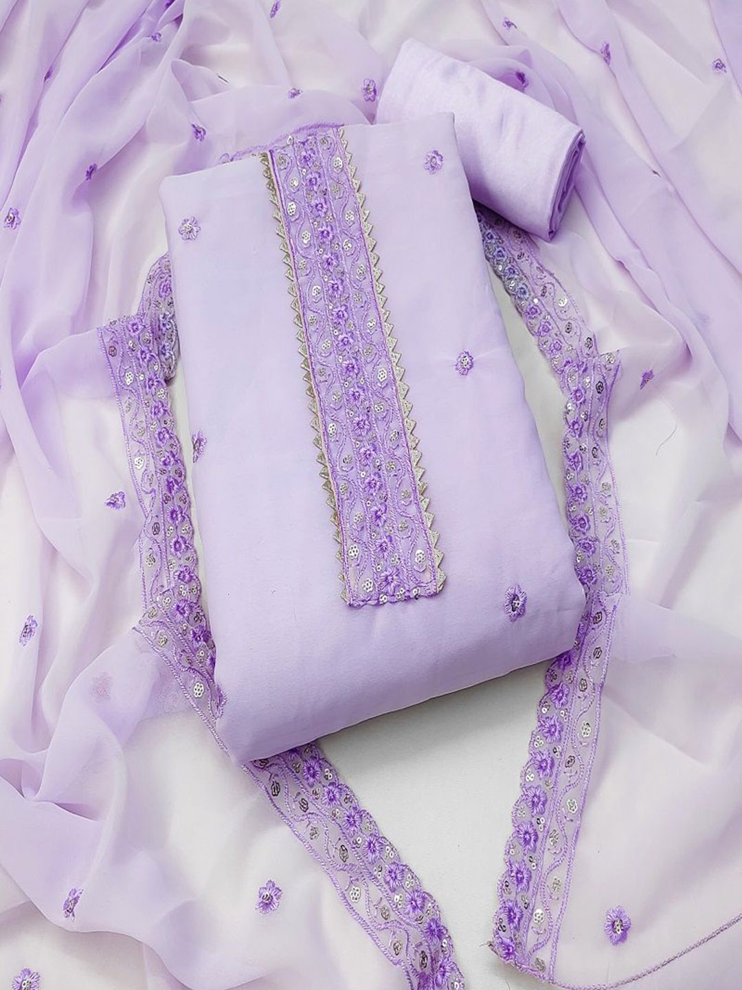 

KRITVA FASHION Floral Embroidered Gotta Patti Semi-Stitched Dress Material, Lavender