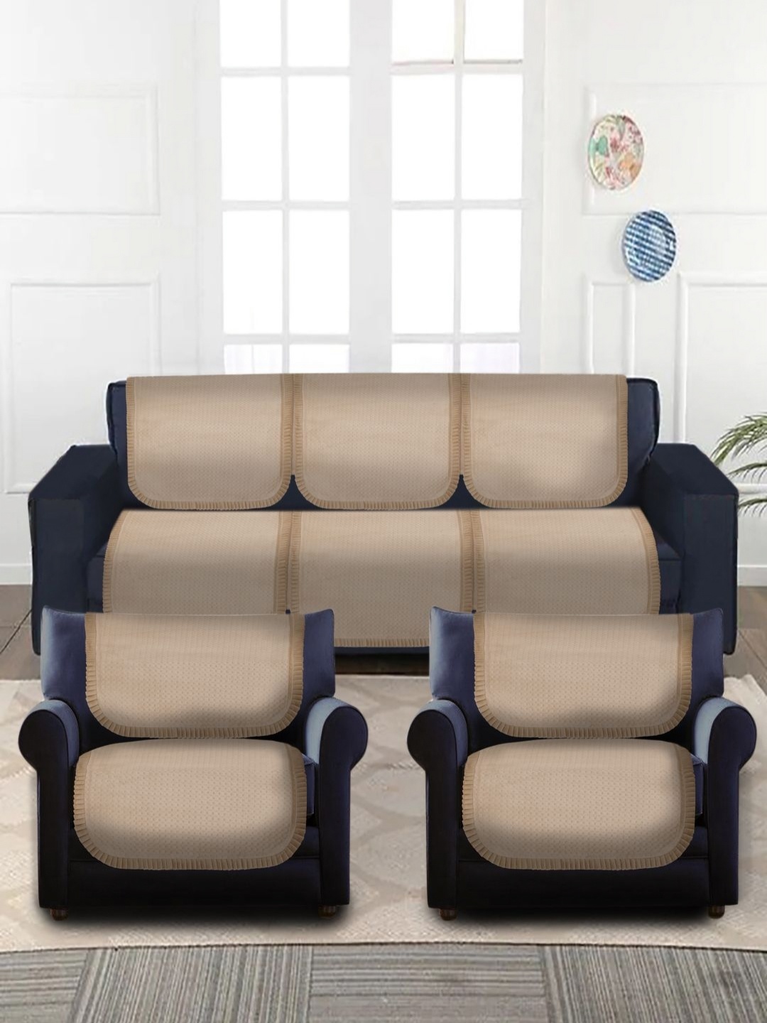 

MULTITEX Beige 6 Pieces Self Design 5 Seater Velvet Sofa Cover