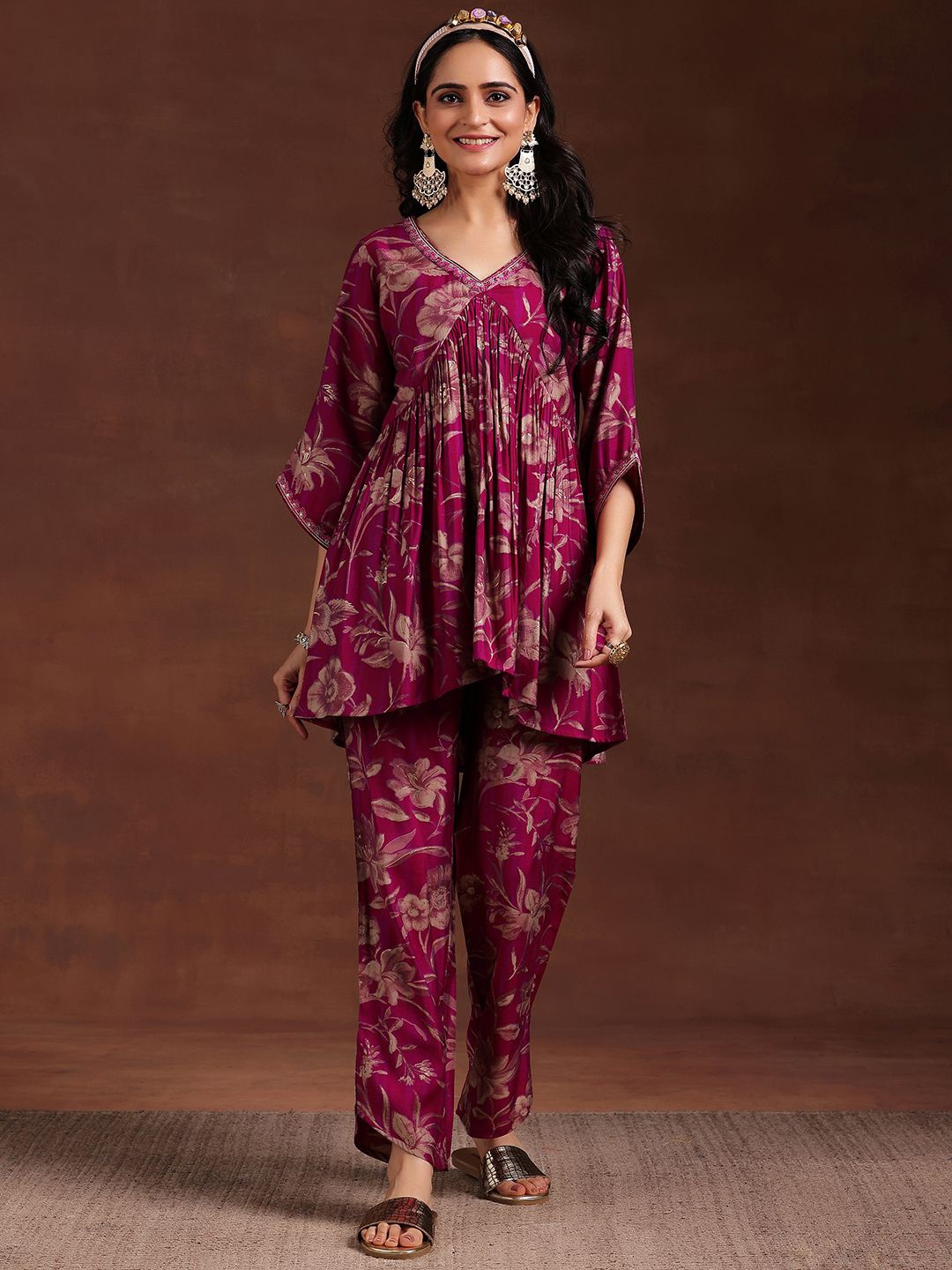 

Libas Floral Printed Pleated Tunic & Palazzos, Pink