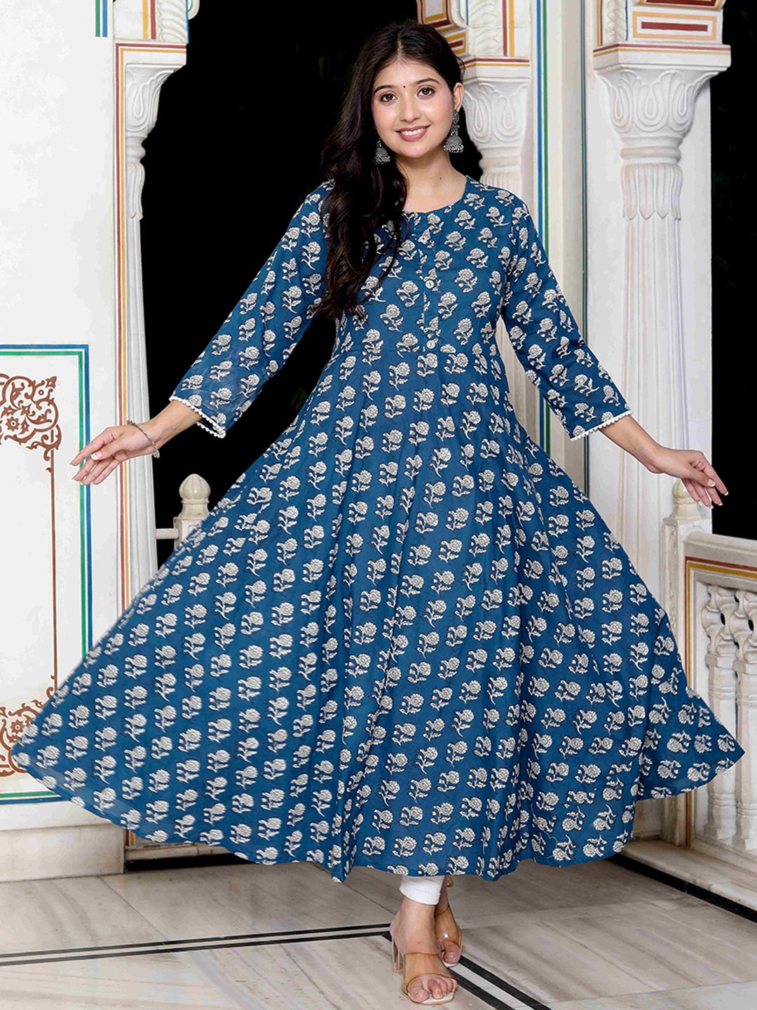 

MIRAVAN Floral Printed Cotton Anarkali Kurta, Blue