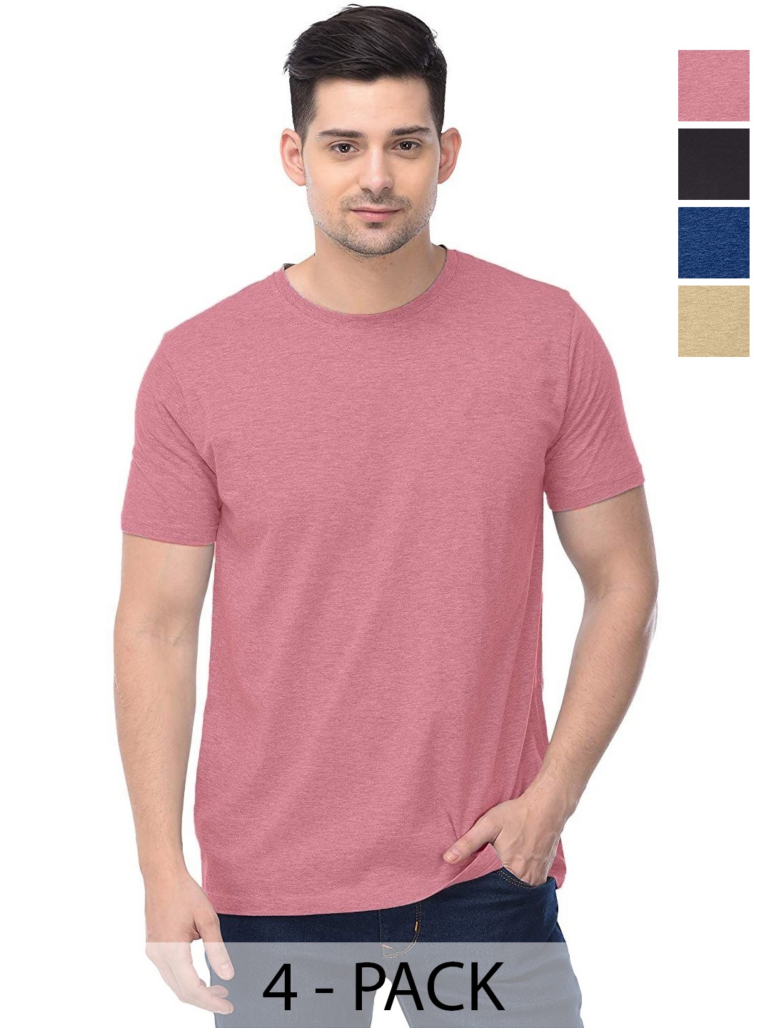 

COLOR CAPITAL Unisex Pack Of 4 Solid Round Neck Cotton T-shirts, Pink