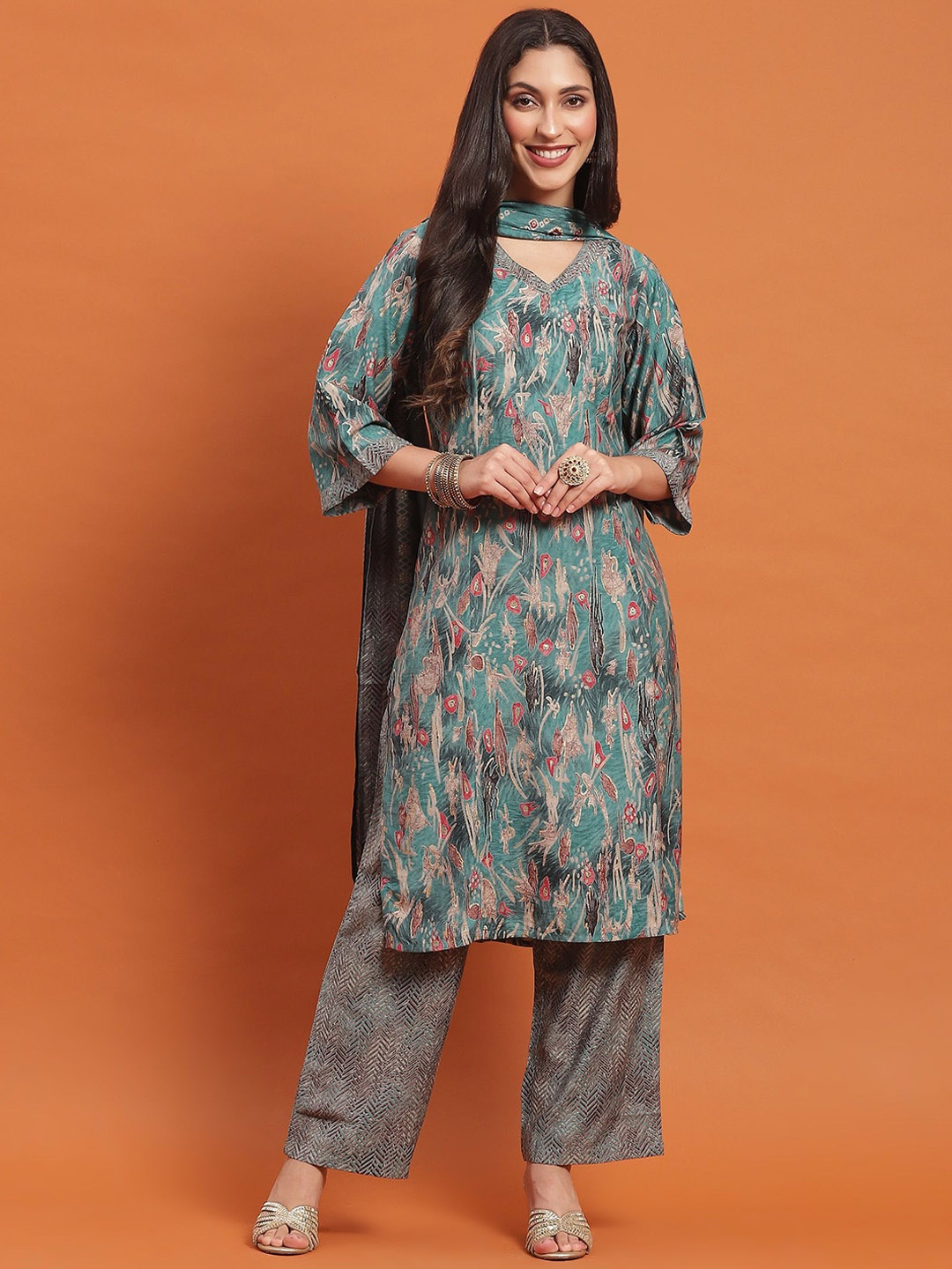 

Shree Abstract Printed V-Neck Kurta With Palazzos & Dupatta, Teal