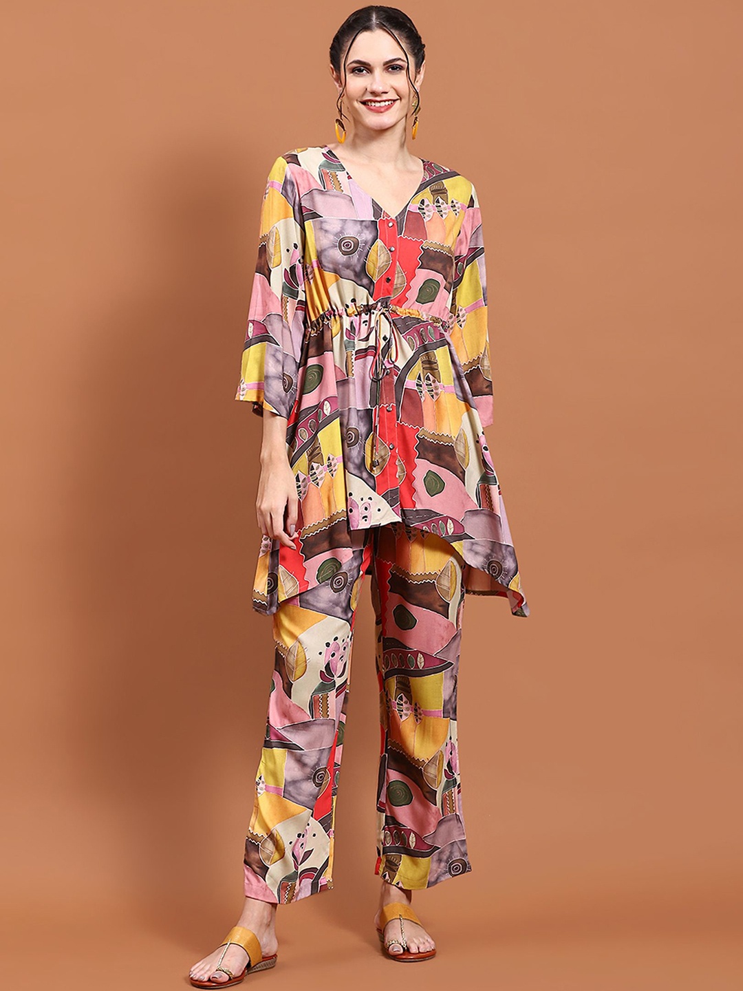 

Shree Printed V-Neck Tunic With Trousers, Yellow