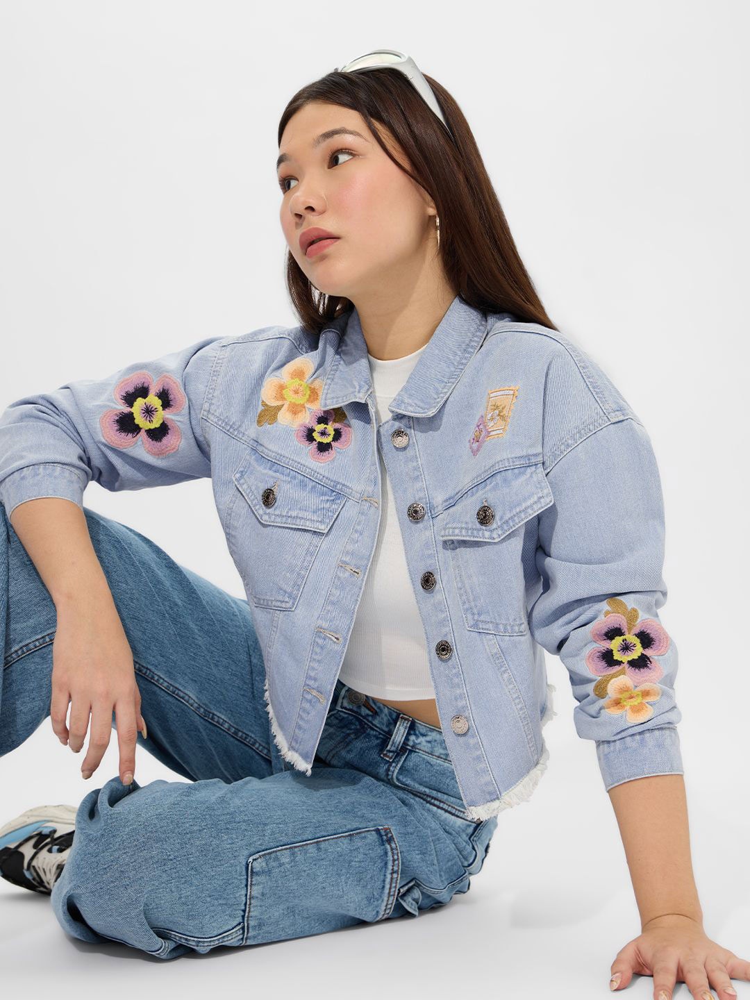 

The Souled Store Women Floral Crop Denim Jacket with Embroidered, Blue