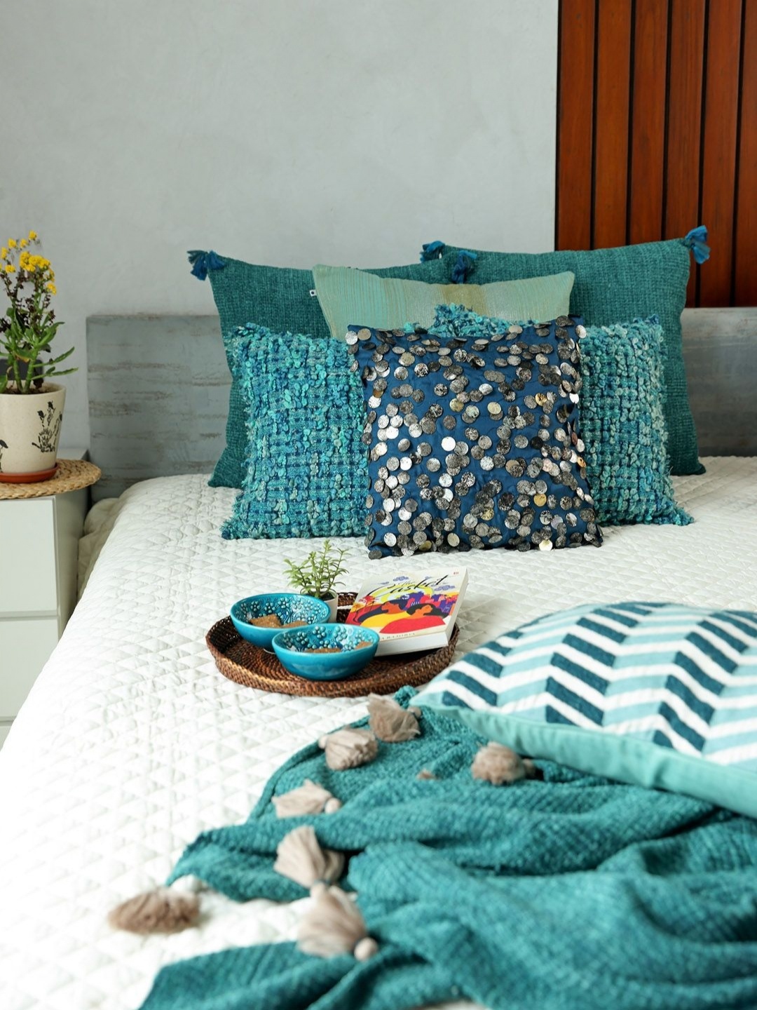 

ONSETHOMES Turquoise Blue & Green Geometric Embroidered Square Cushion Covers