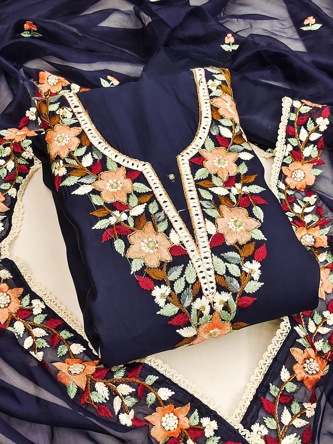 

MANVAA Floral Embroidered Unstitched Dress Material, Navy blue