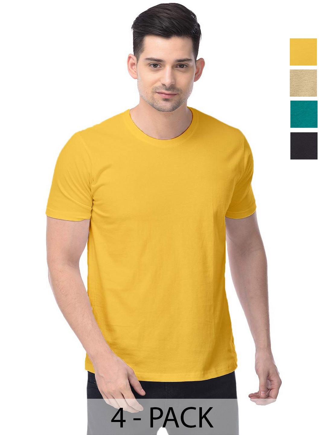 

COLOR CAPITAL Unisex Pack Of 4 Solid Round Neck Cotton T-shirts, Yellow