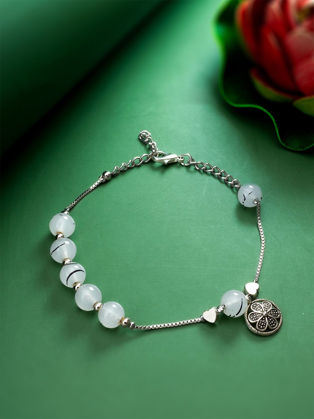 

aadita Silver Beaded Evil Eye Charm Bracelet