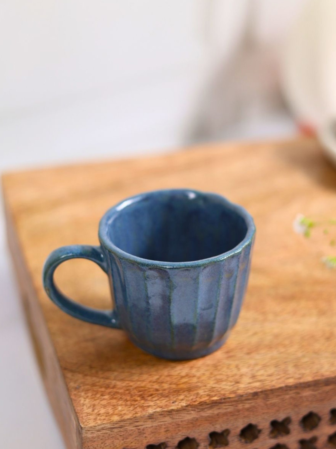 

WEAVING HOMES Auro Blue Textured Ceramic Dishwasher Safe Glossy Finished Cup 150 ml