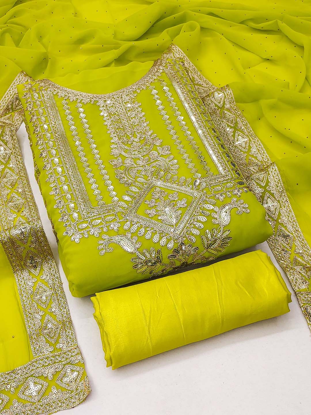 

MANVAA Sequinned Embroidered Unstitched Dress Material, Lime green