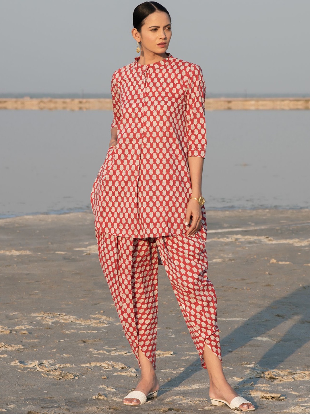 

MARCHE Printed Pure Cotton Mandarin Collar Tunic With Trousers, Red
