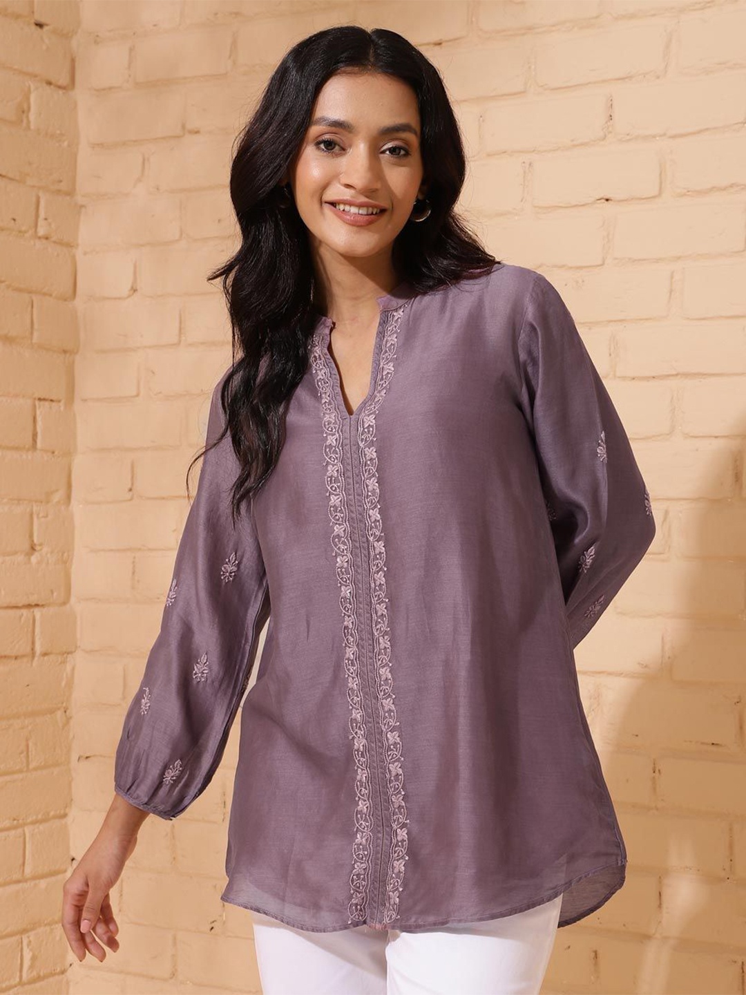 

Fabindia Mandarin Collar Embroidered Tunic, Purple