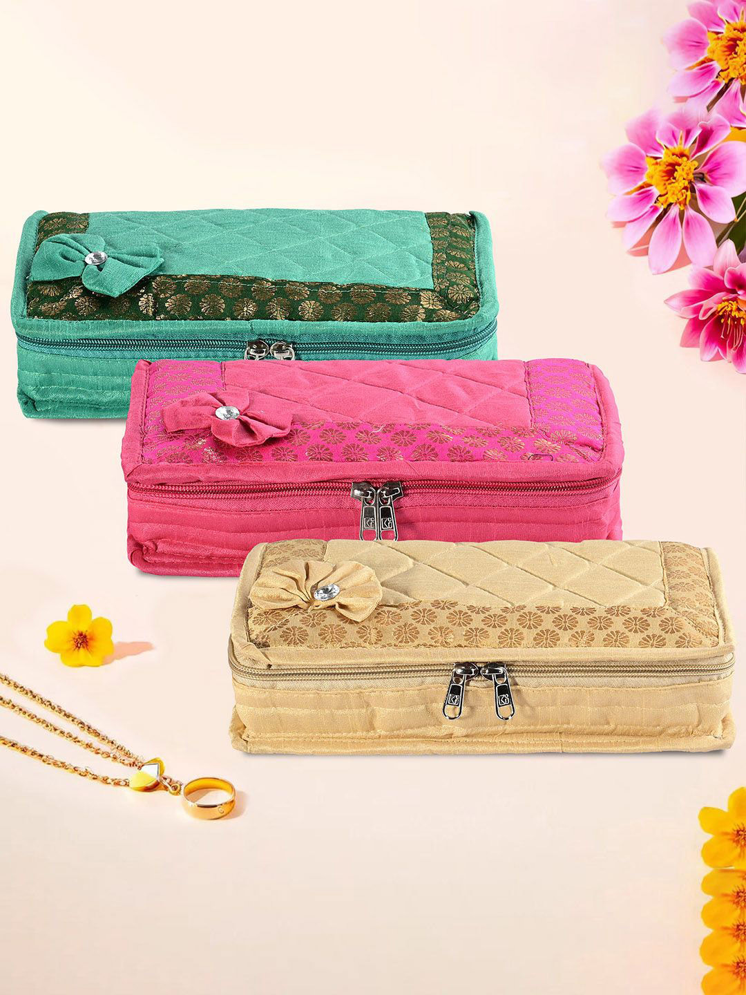

Kuber Industries Green & Pink 3 Pieces Jewellery Organisers, Gold