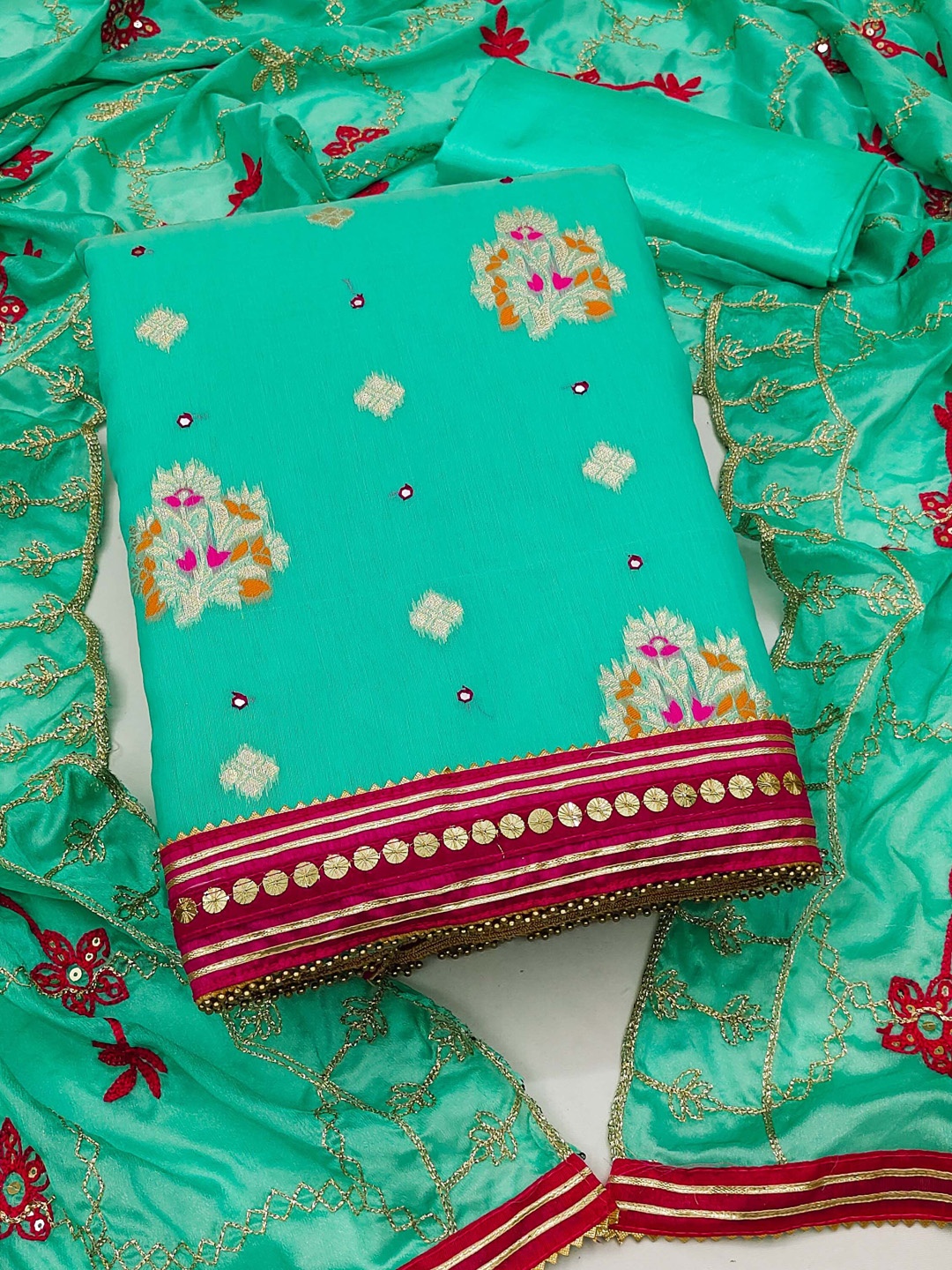 

KIMISHA Floral Woven Design Mirror Work Unstitched Dress Material, Green