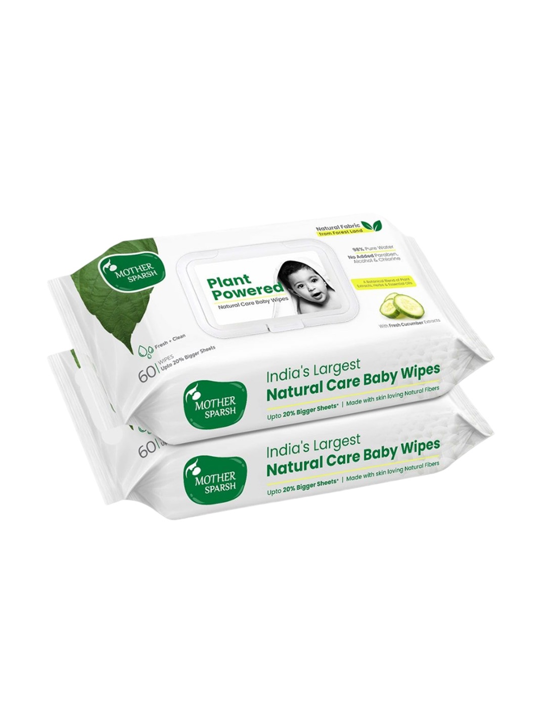 

Mother Sparsh Set Of 2 Plant Powered Cucumber Extracts Natural Baby Wipes - 60Pcs Each, White