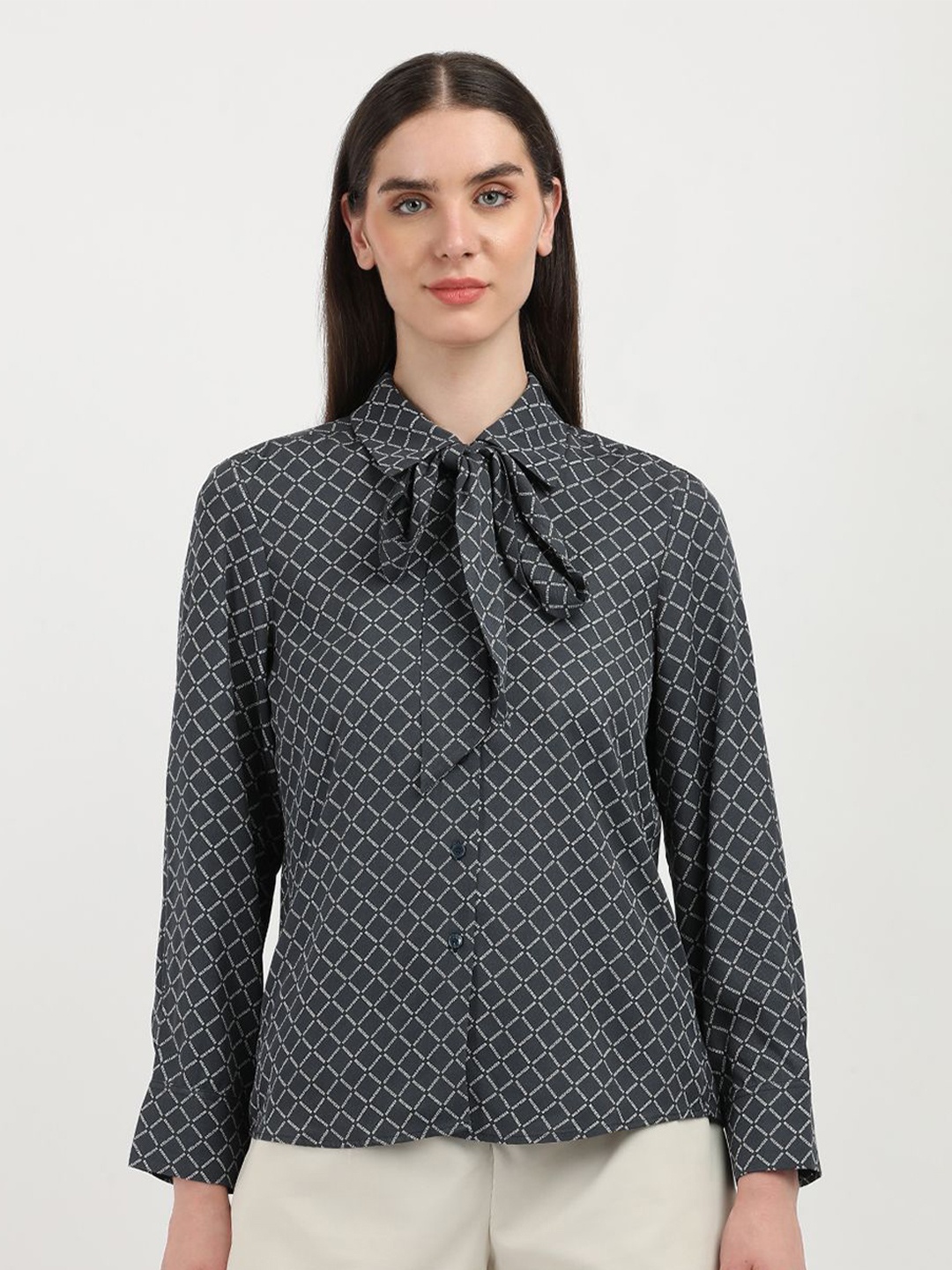 

Tommy Hilfiger Women Spread Collar Geometric Printed Casual Shirt, Grey