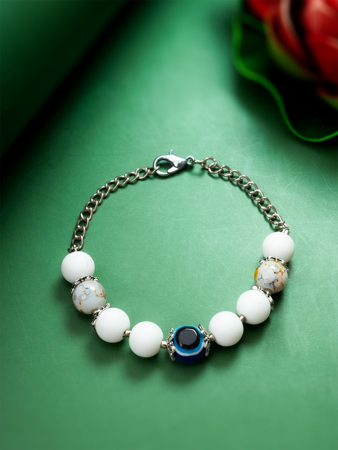 

aadita Silver Glass Pearl Evil Eye Charm Bracelet