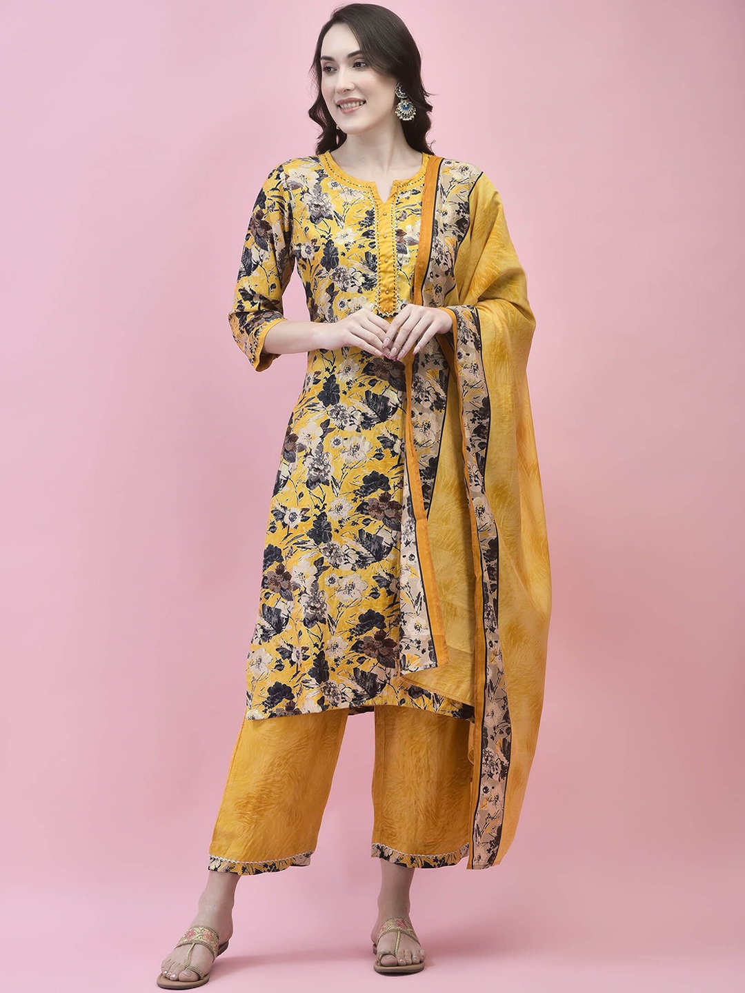 

Shree Floral Printed Gotta Patti Kurta with Trousers & Dupatta, Mustard