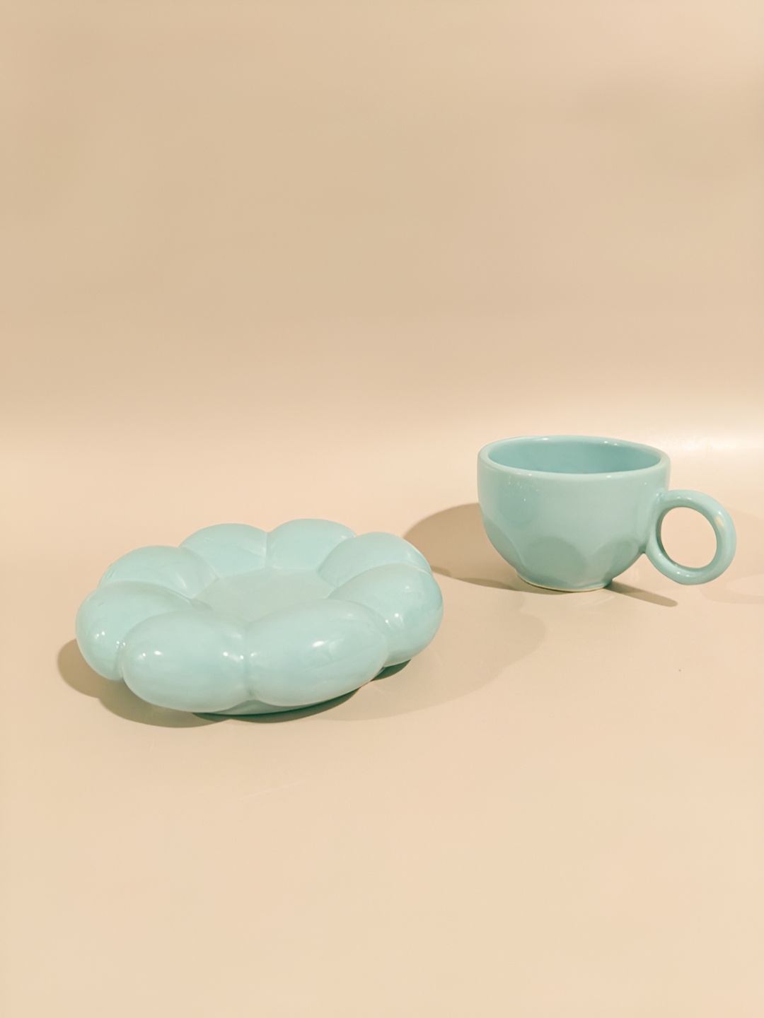 

One Posh Home Sky Blue 2 Pieces Glossy Stoneware Ceramic Cup and Saucer 220ML