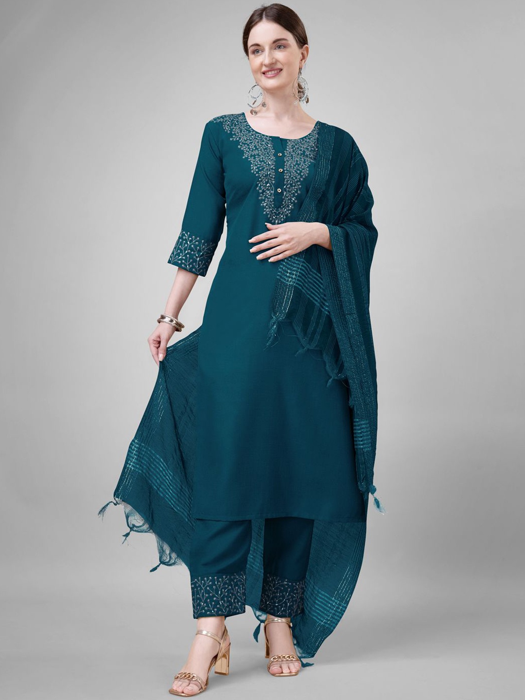 

WILNERCROWN Floral Embroidered Regular Sequinned Kurta With Trousers & Dupatta, Teal