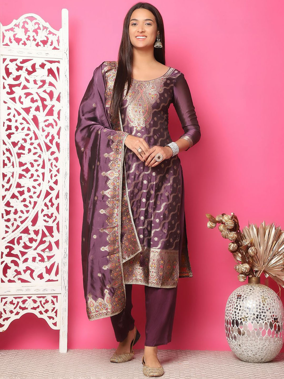 

Stylee LIFESTYLE Ethnic Motifs Woven Design Zari Silk Jacquard Unstitched Dress Material, Violet