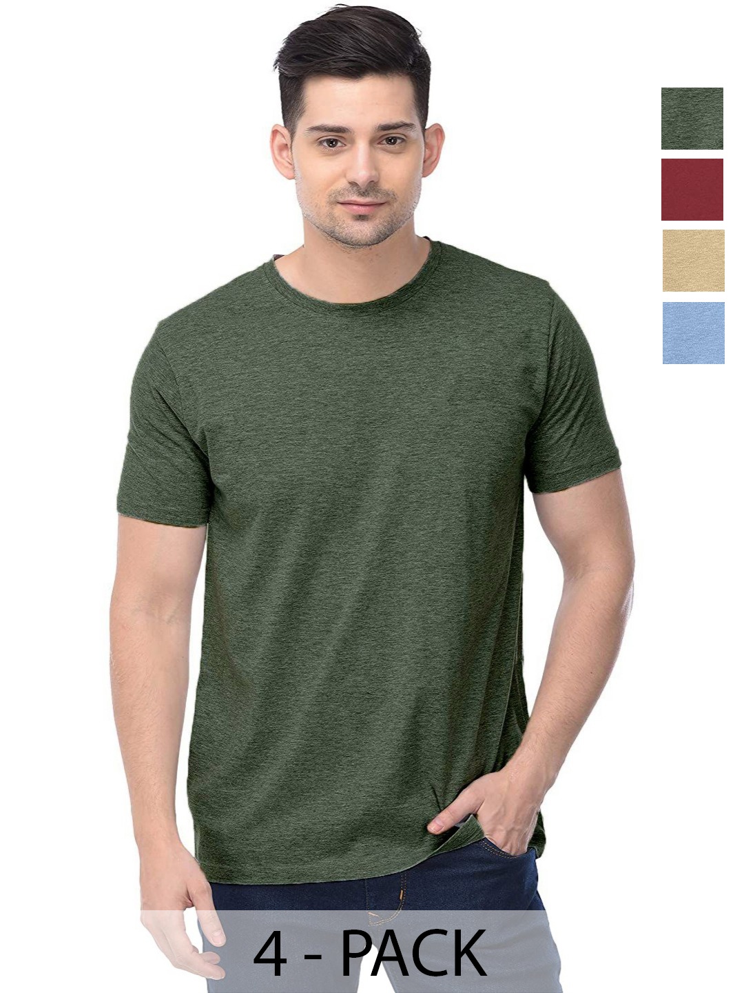 

COLOR CAPITAL Unisex Pack Of 4 Solid Round Neck Cotton T-shirts, Olive