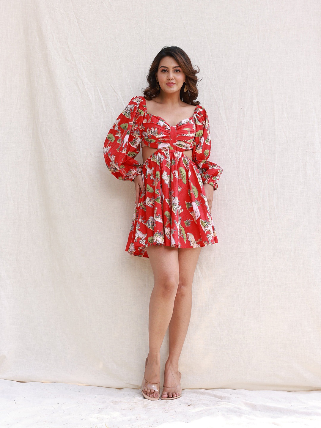 

MOONSTRUCK Floral Printed Cut-Out Backless Cotton Fit & Flare Dress, Red