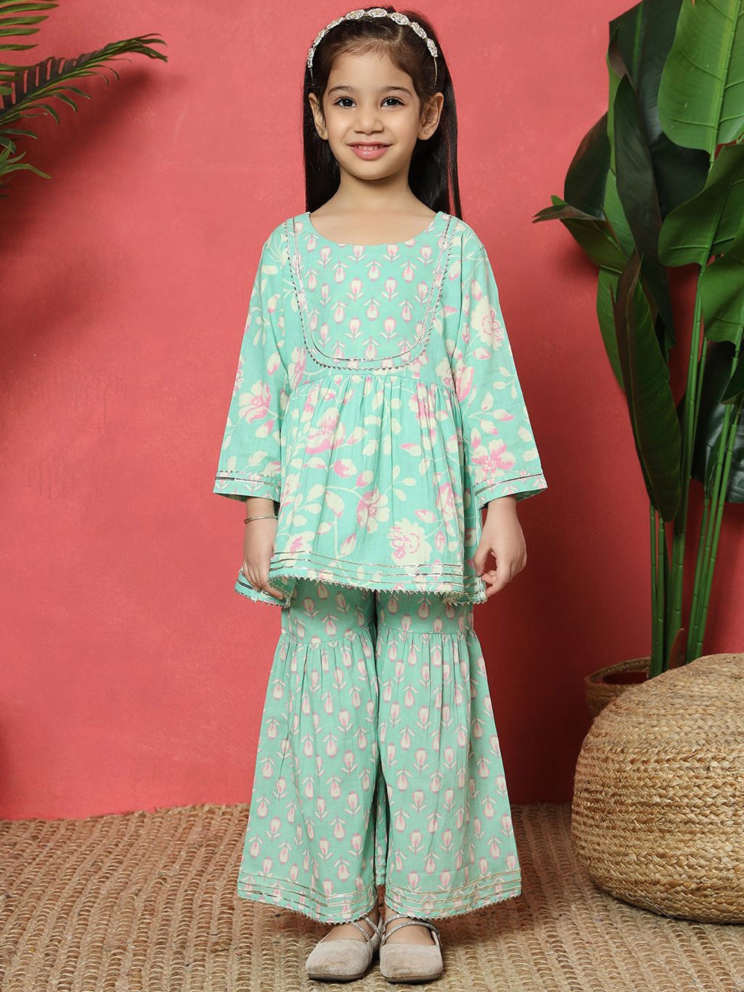 

Readiprint Girls Floral Printed Empire Pure Cotton A-Line Kurti with Sharara, Sea green