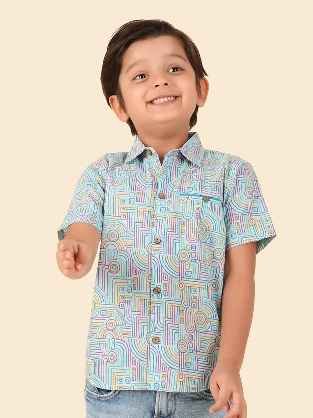 

Fabindia Boys Spread Collar Abstract Printed Cotton Casual Shirt, Blue