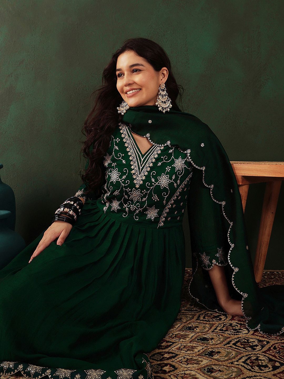 

Sangria Green Floral Embroidered V Neck Anarkali Kurta With Trouser & Dupatta