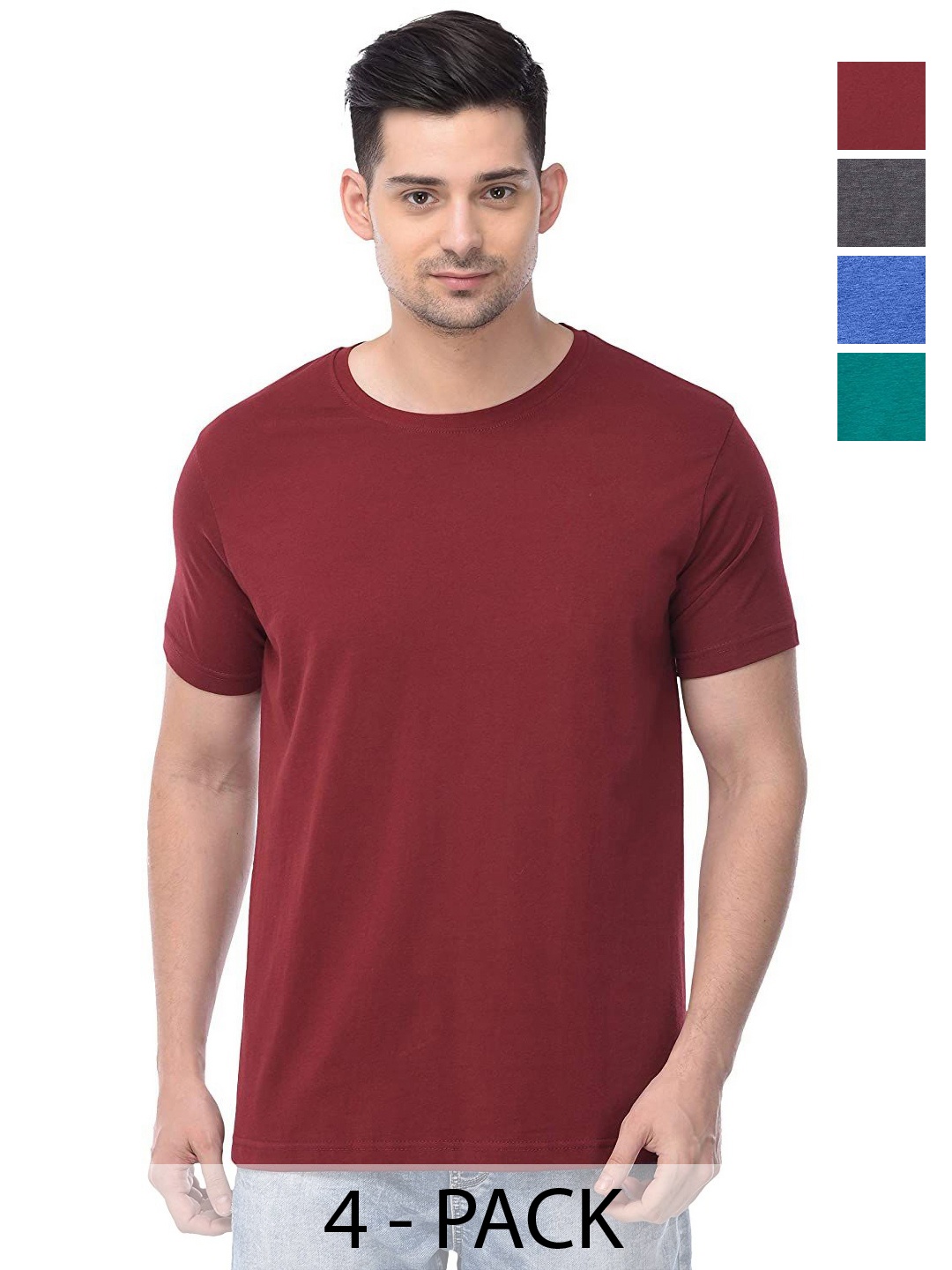 

COLOR CAPITAL Unisex Pack Of 4 Solid Round Neck Cotton T-shirts, Maroon