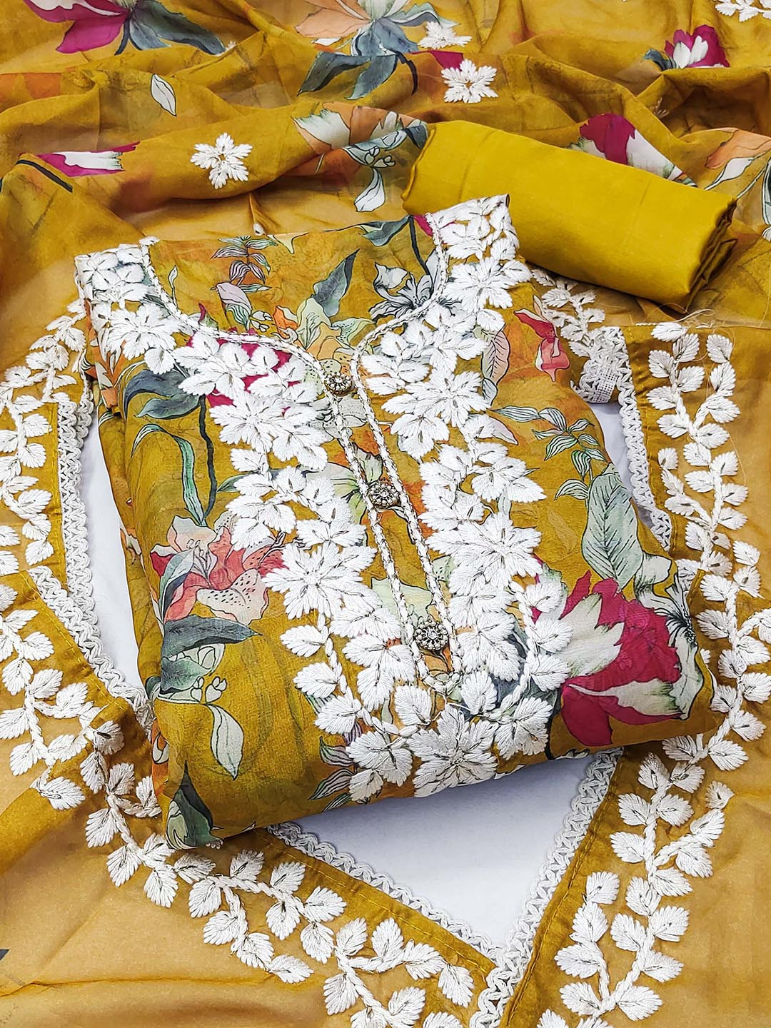 

MANVAA Floral Embroidered Organza Unstitched Dress Material, Mustard